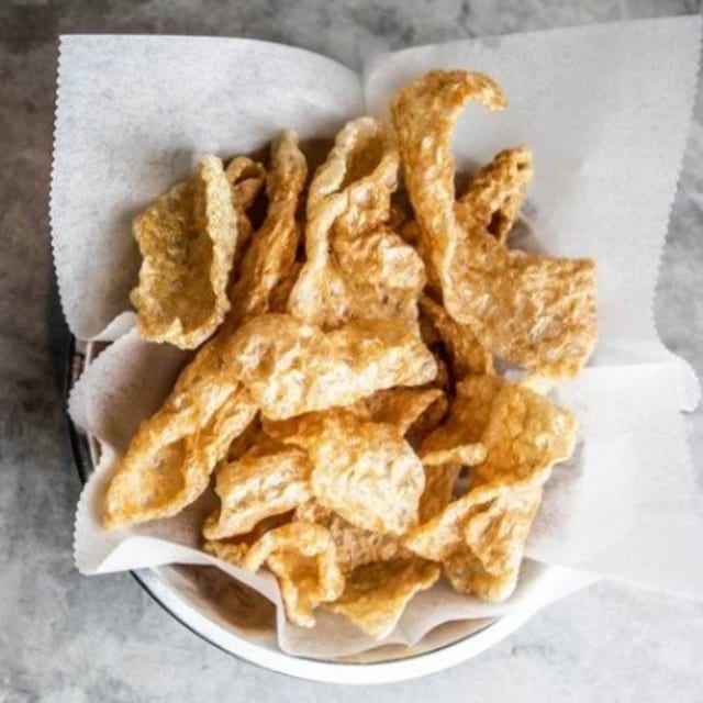Chicharrones with Tomatillo Salsa and White Queso.
