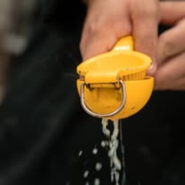 A hand squeezes a lemon in a yellow citrus press, with juice spraying downwards.